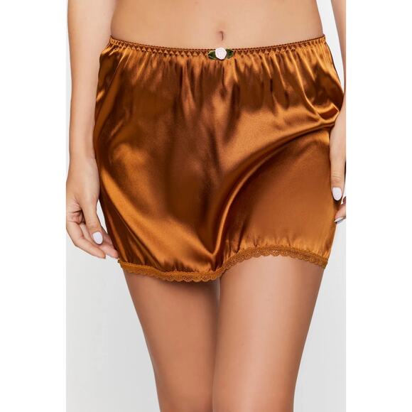 Forever 21 Brown Satin Mini Slip Skirt Lace Trim Floral Bow Detail M romantic - Picture 1 of 4